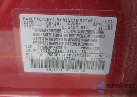 2019 Nissan Sentra Sv from USA, damaged, VIN 3N1AB7AP1KY216910